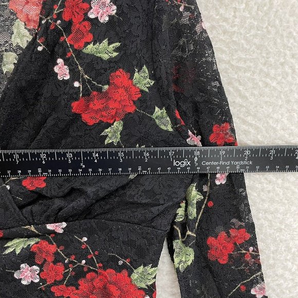 90s Y2K Vintage Fashion Bug Black Rose Floral Sheer Lace Top M L Medium Large - Picture 6 of 9